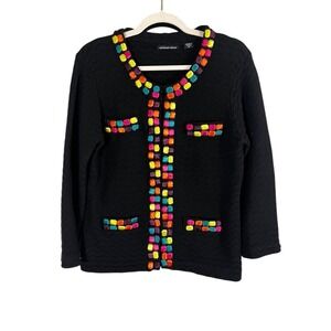 Michael Simon Colorful Knit Cardigan Sweater Black M Geometric Eclectic Artsy‎